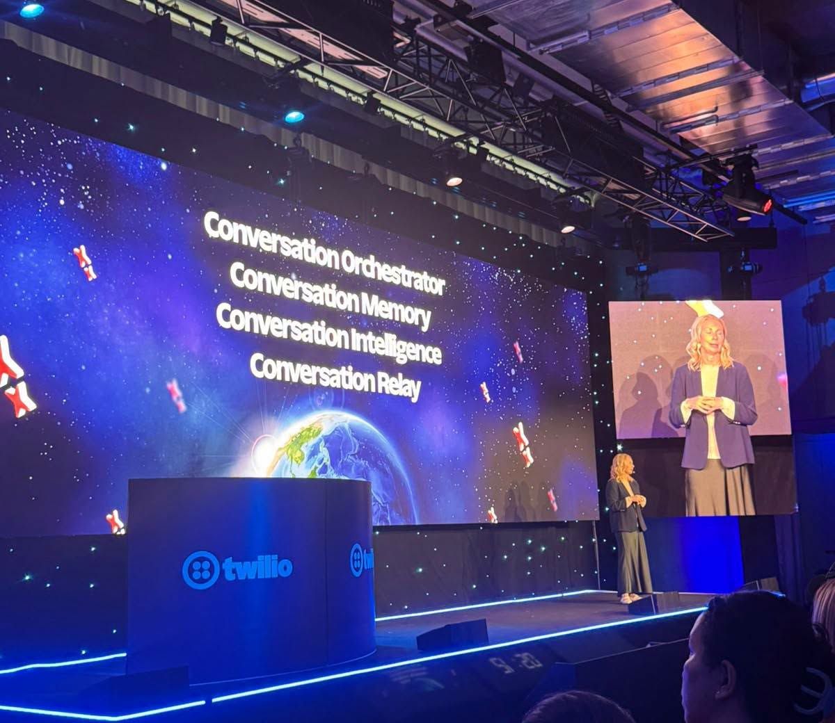 Main stage slide listing Conversation Orchestrator, Conversation Memory, Conversation Intelligence and Conversation Relay
