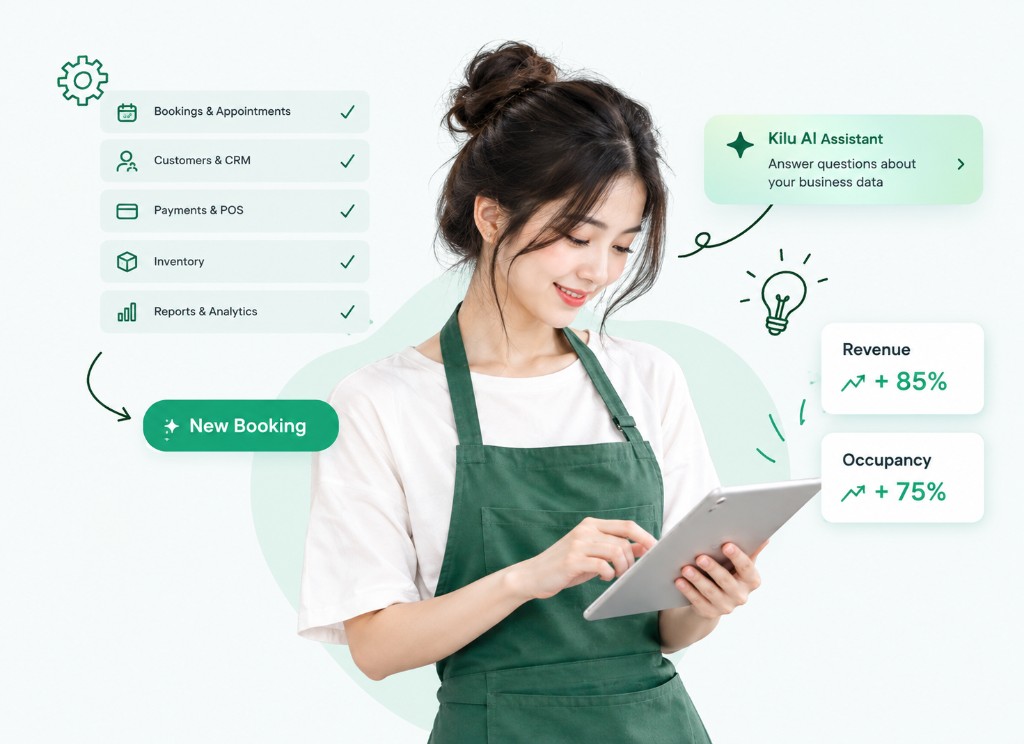 Ukilu - Smart Workspace workspace — bookings, CRM, payments and Kilu AI around the front desk