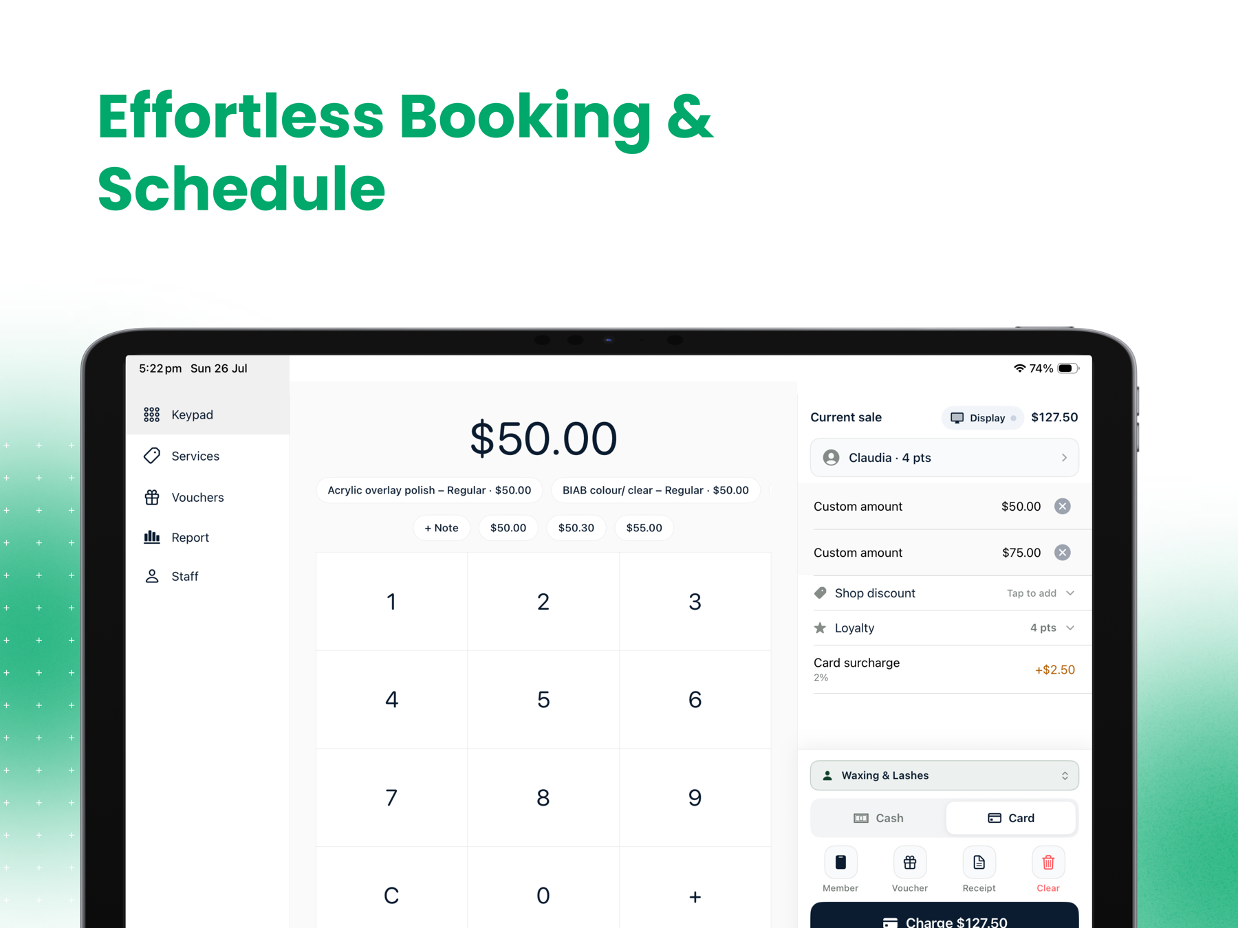 Ukilu checkout on iPad — keypad, services and the current sale