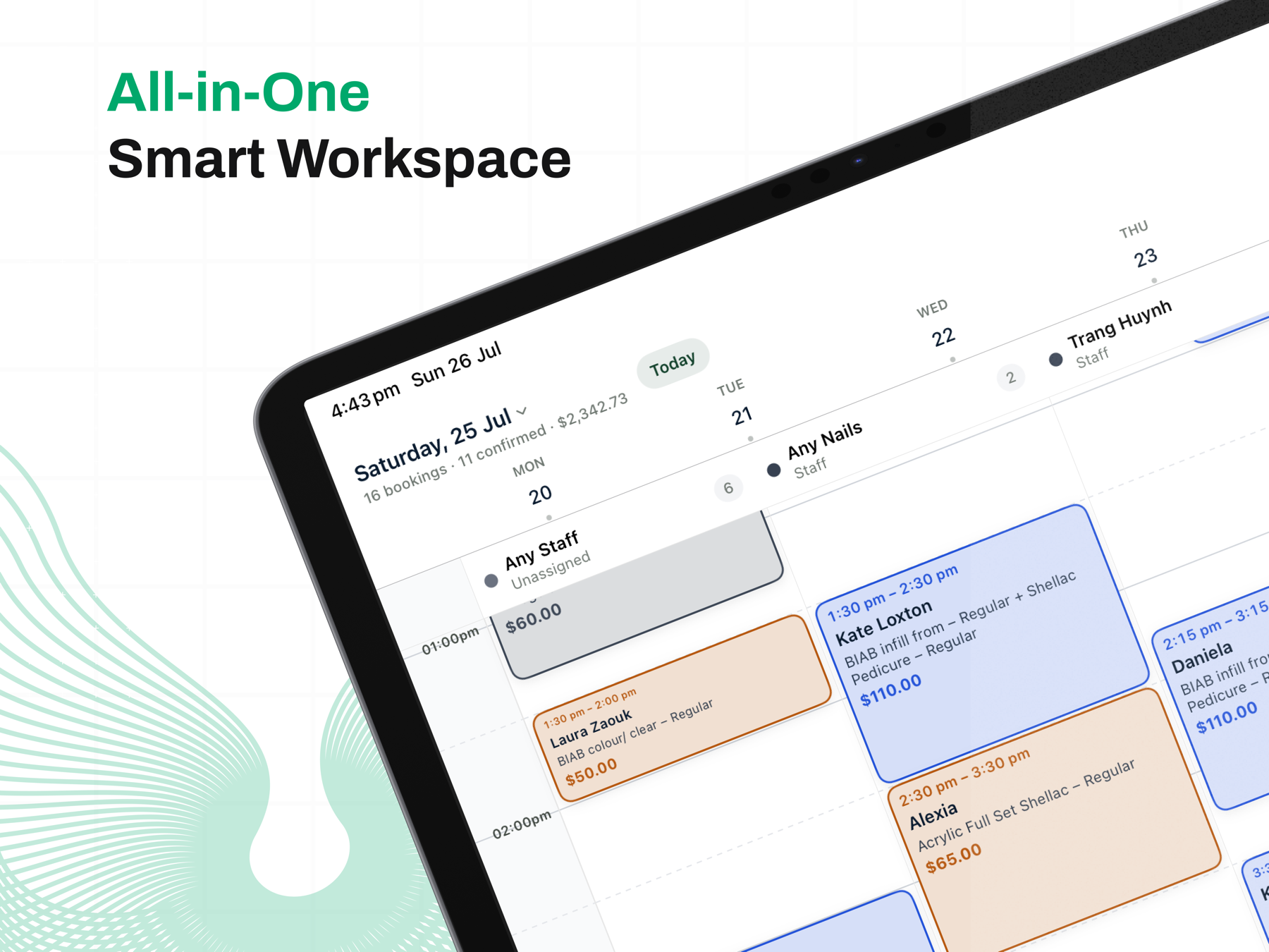 Ukilu - Smart Workspace calendar on iPad — day view with staff columns and booking values