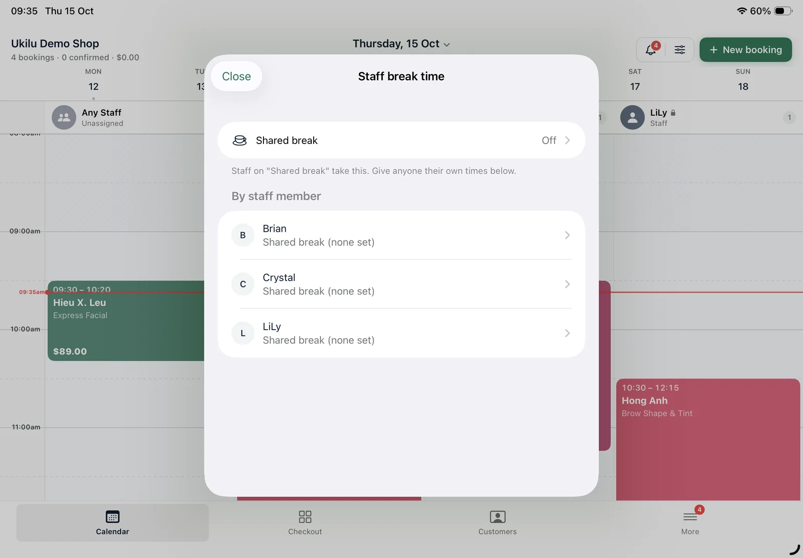 Staff calendar in the Ukilu POS booking app on iPad