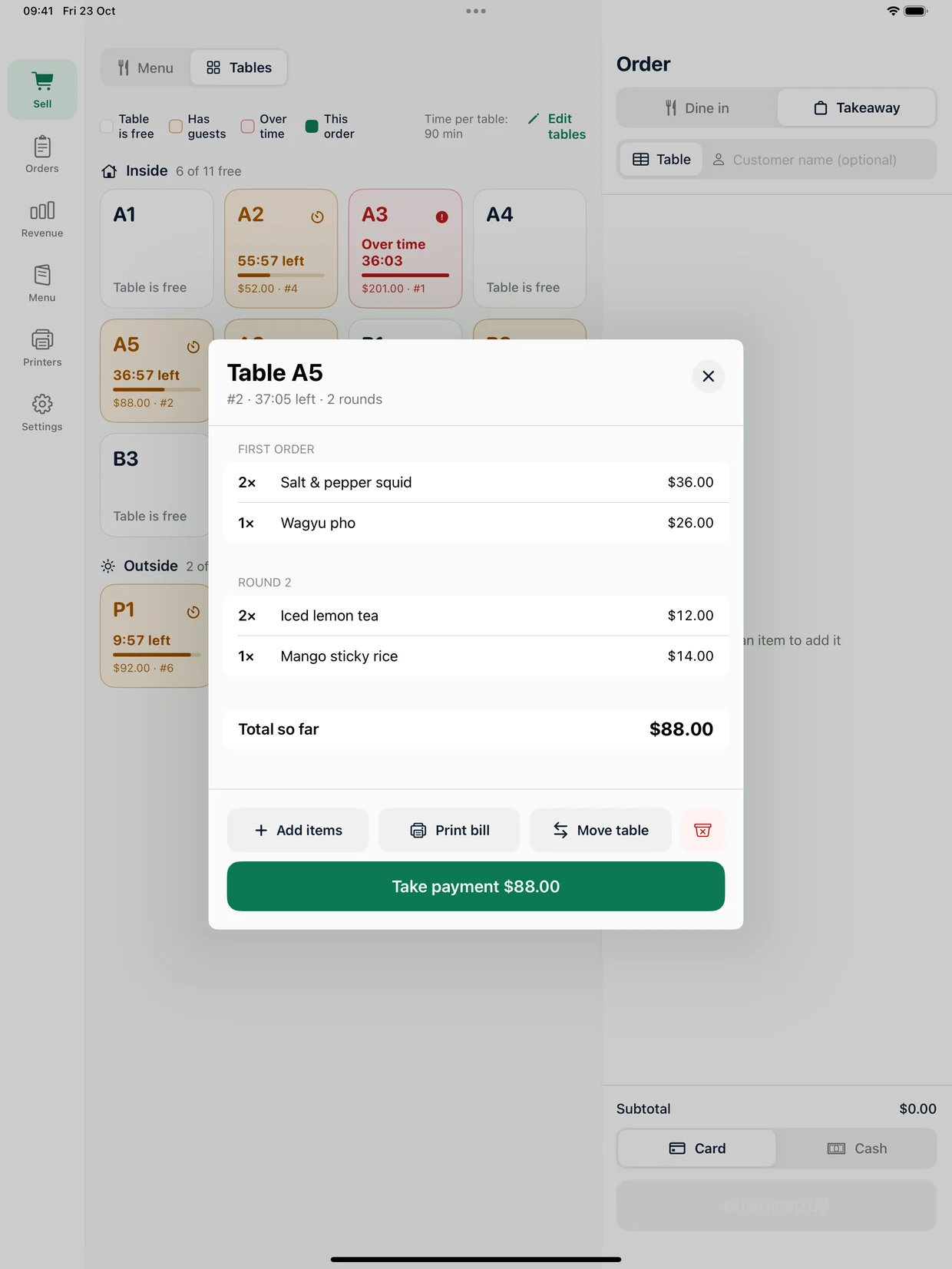 A table's open bill with two rounds in Ukilu POS