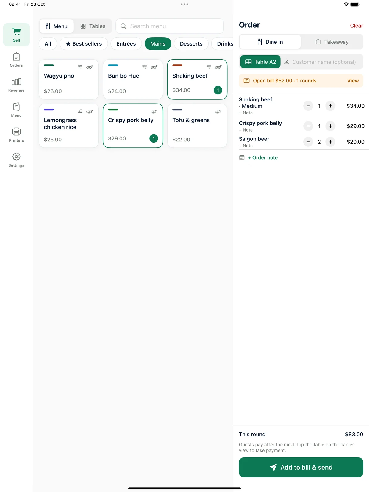Adding a round to a table's bill and sending it to the kitchen