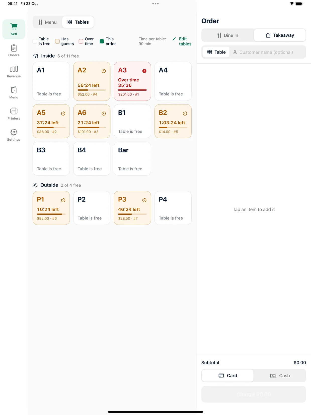 Ukilu POS restaurant floor with open tables on iPad